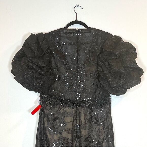 $598 Mac Duggal 12440 Size 10 Black Floral Lace Puff Sleeve V-Neck Midi Dress - Picture 9 of 11